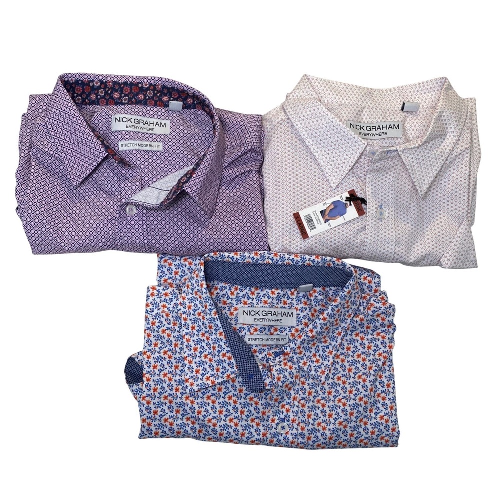 Nick Graham Everywhere Shirts Lot 3 Mens XL Short Sleeve Floral Stretch ButtonUp